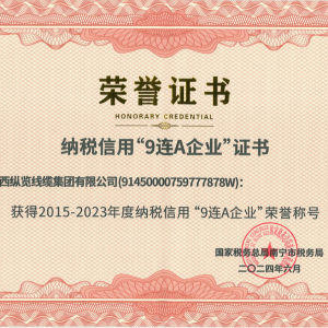 喜報(bào)！縱覽線纜集團(tuán)榮獲納稅信用“9連A企業(yè)”榮譽(yù)稱號(hào)